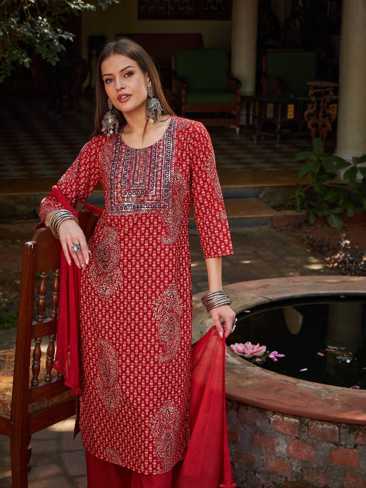 Women Maroon Floral Front Yoke Kurta With Pencil Pants & Dupatta-SHSET96322