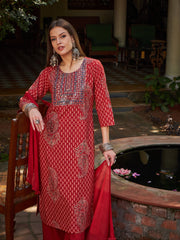 Women Maroon Floral Front Yoke Kurta With Pencil Pants & Dupatta-SHSET96322