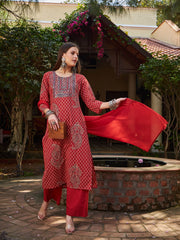 Women Maroon Floral Front Yoke Kurta With Pencil Pants & Dupatta-SHSET96322