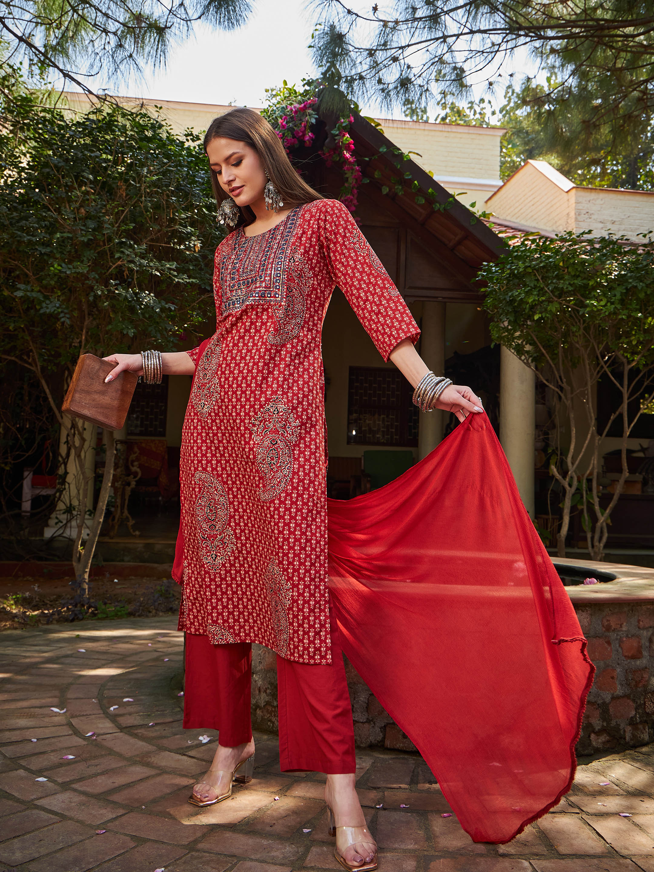Women Maroon Floral Front Yoke Kurta With Pencil Pants & Dupatta-SHSET96322