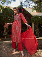 Women Maroon Floral Front Yoke Kurta With Pencil Pants & Dupatta-SHSET96322