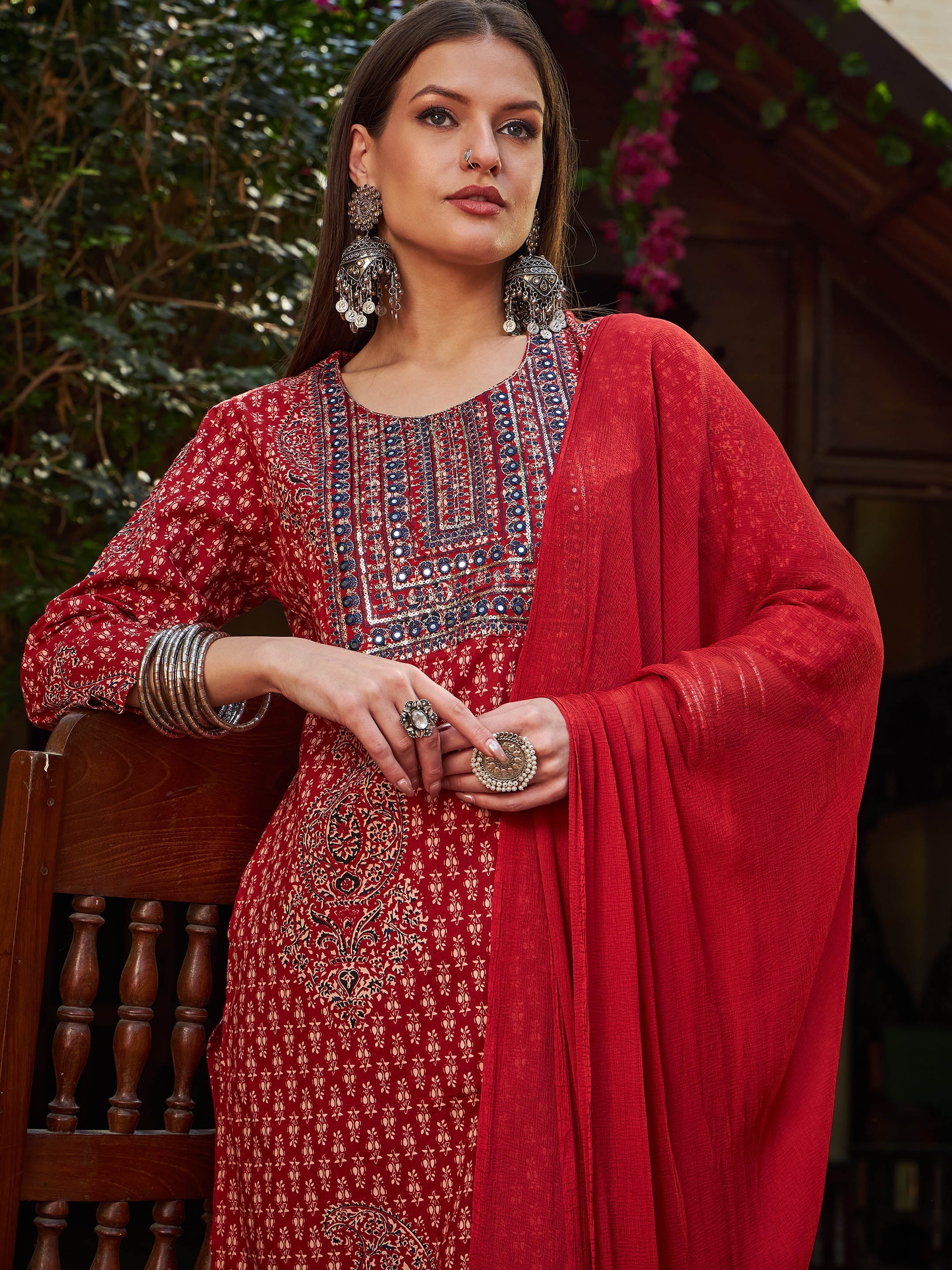 Women Maroon Floral Front Yoke Kurta With Pencil Pants & Dupatta-SHSET96322