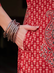 Women Maroon Floral Front Yoke Kurta With Pencil Pants & Dupatta-SHSET96322