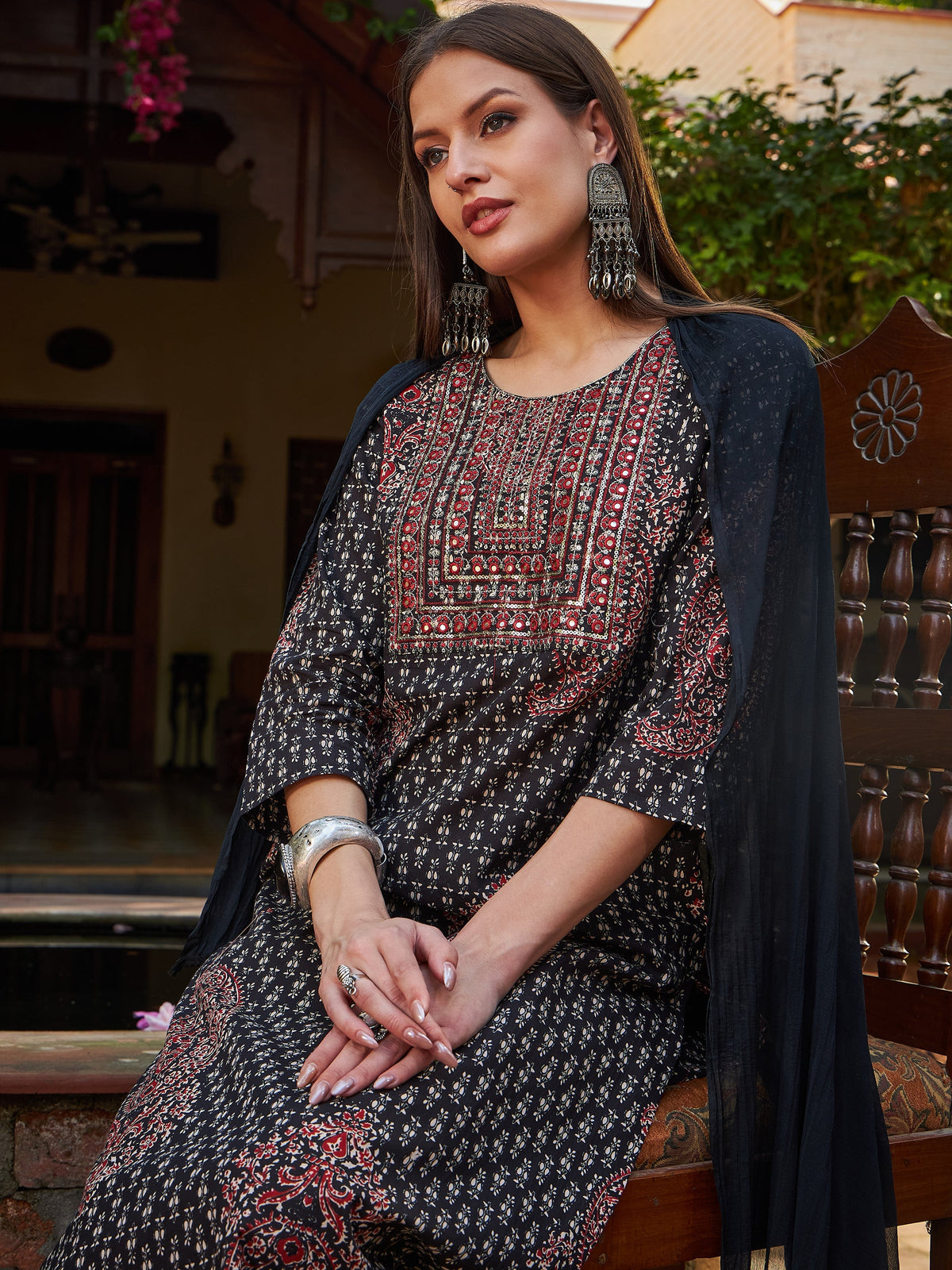 Women Black Floral Front Yoke Kurta With Pencil Pants & Dupatta-SHSET96323