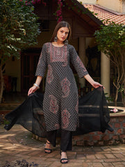 Women Black Floral Front Yoke Kurta With Pencil Pants & Dupatta-SHSET96323