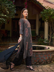 Women Black Floral Front Yoke Kurta With Pencil Pants & Dupatta-SHSET96323