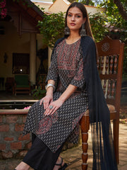 Women Black Floral Front Yoke Kurta With Pencil Pants & Dupatta-SHSET96323