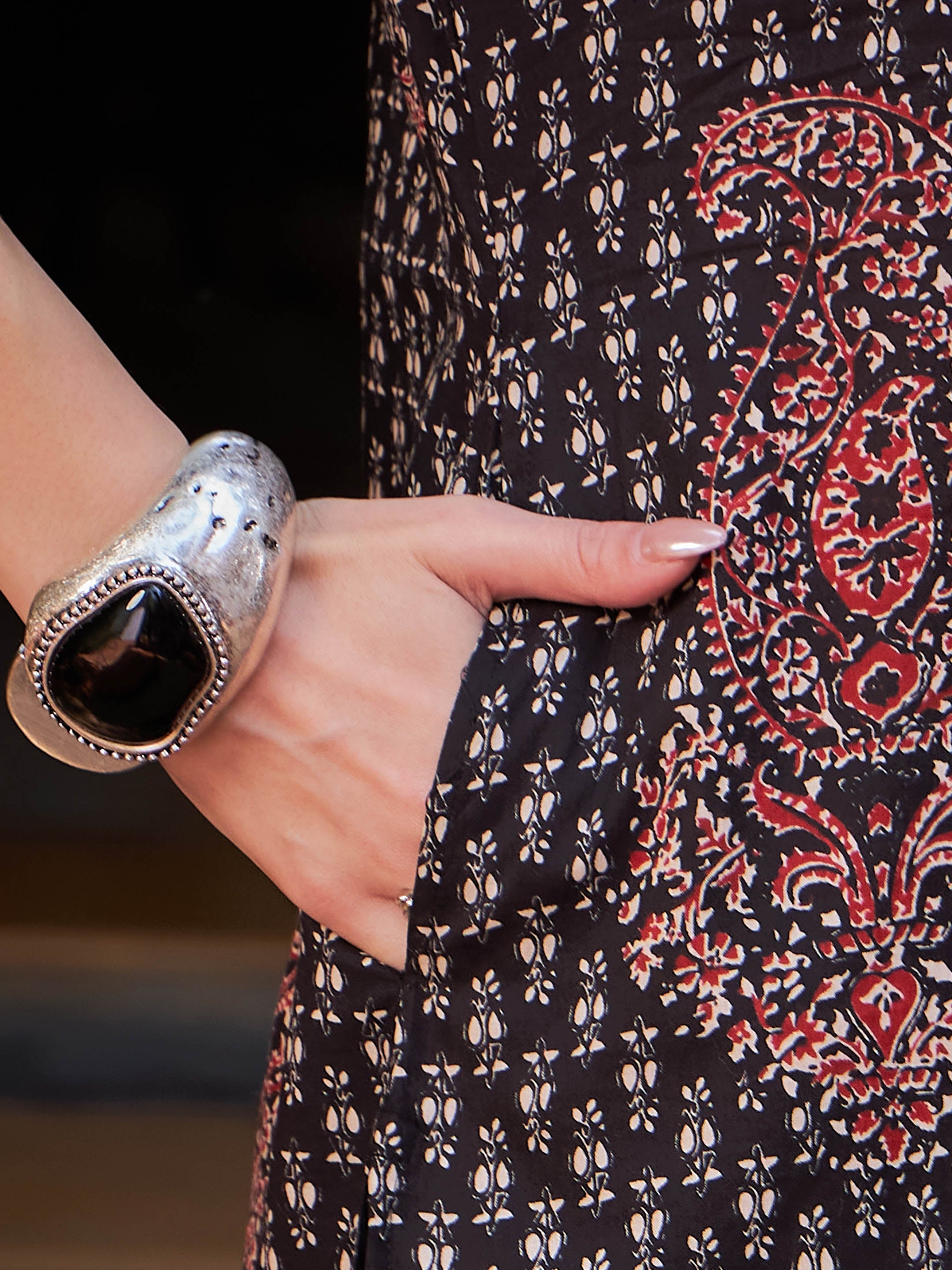 Women Black Floral Front Yoke Kurta With Pencil Pants & Dupatta-SHSET96323