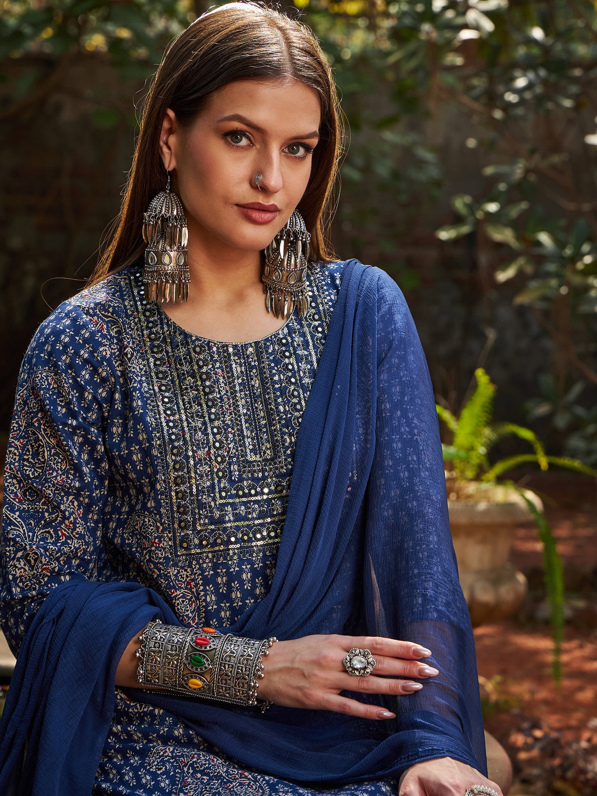 Women Navy Floral Front Yoke Kurta With Pencil Pants & Dupatta-SHSET96324