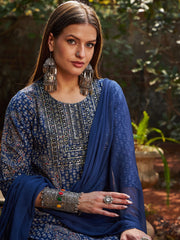 Women Navy Floral Front Yoke Kurta With Pencil Pants & Dupatta-SHSET96324