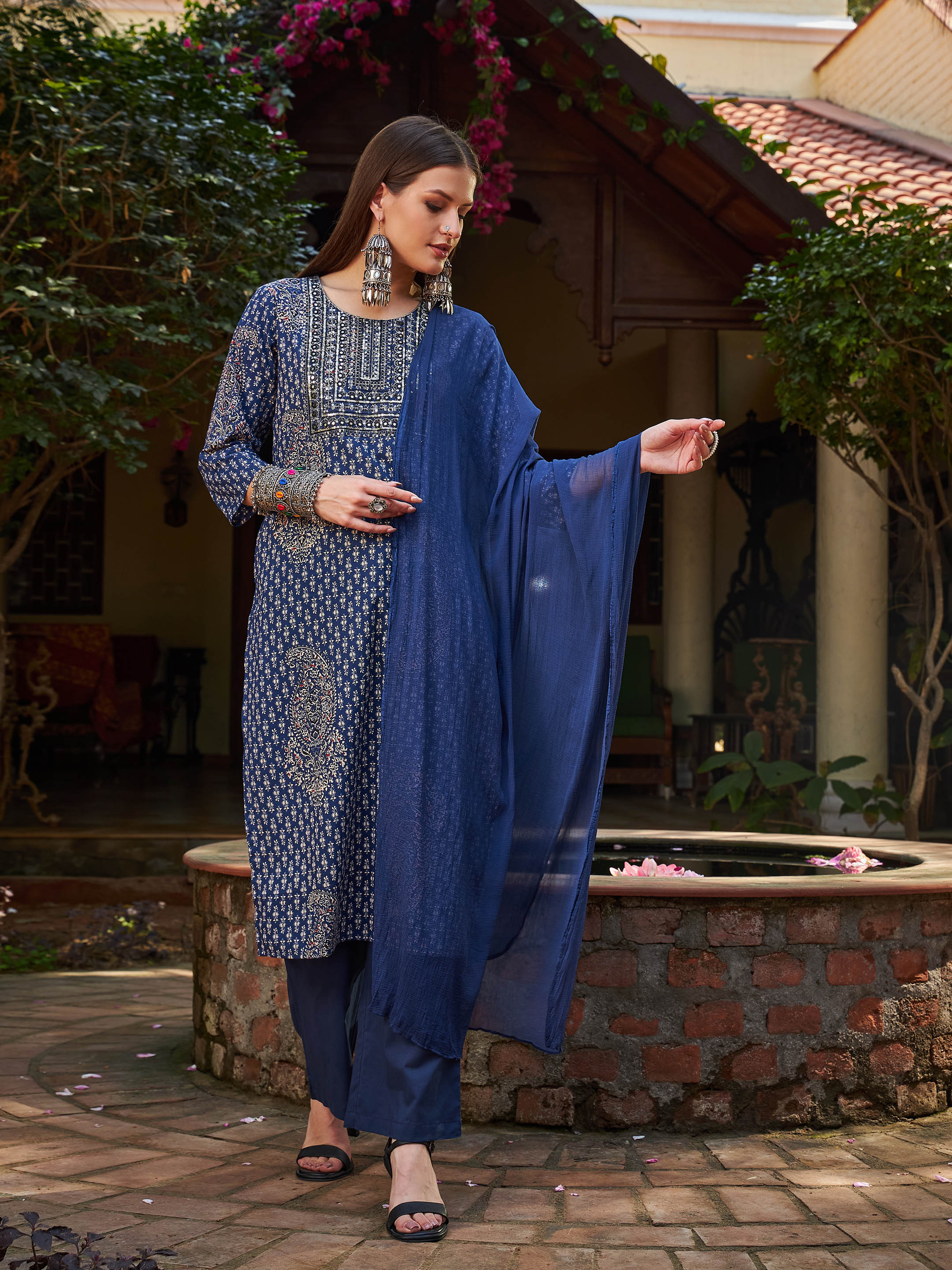 Women Navy Floral Front Yoke Kurta With Pencil Pants & Dupatta-SHSET96324