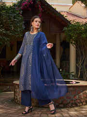 Women Navy Floral Front Yoke Kurta With Pencil Pants & Dupatta-SHSET96324