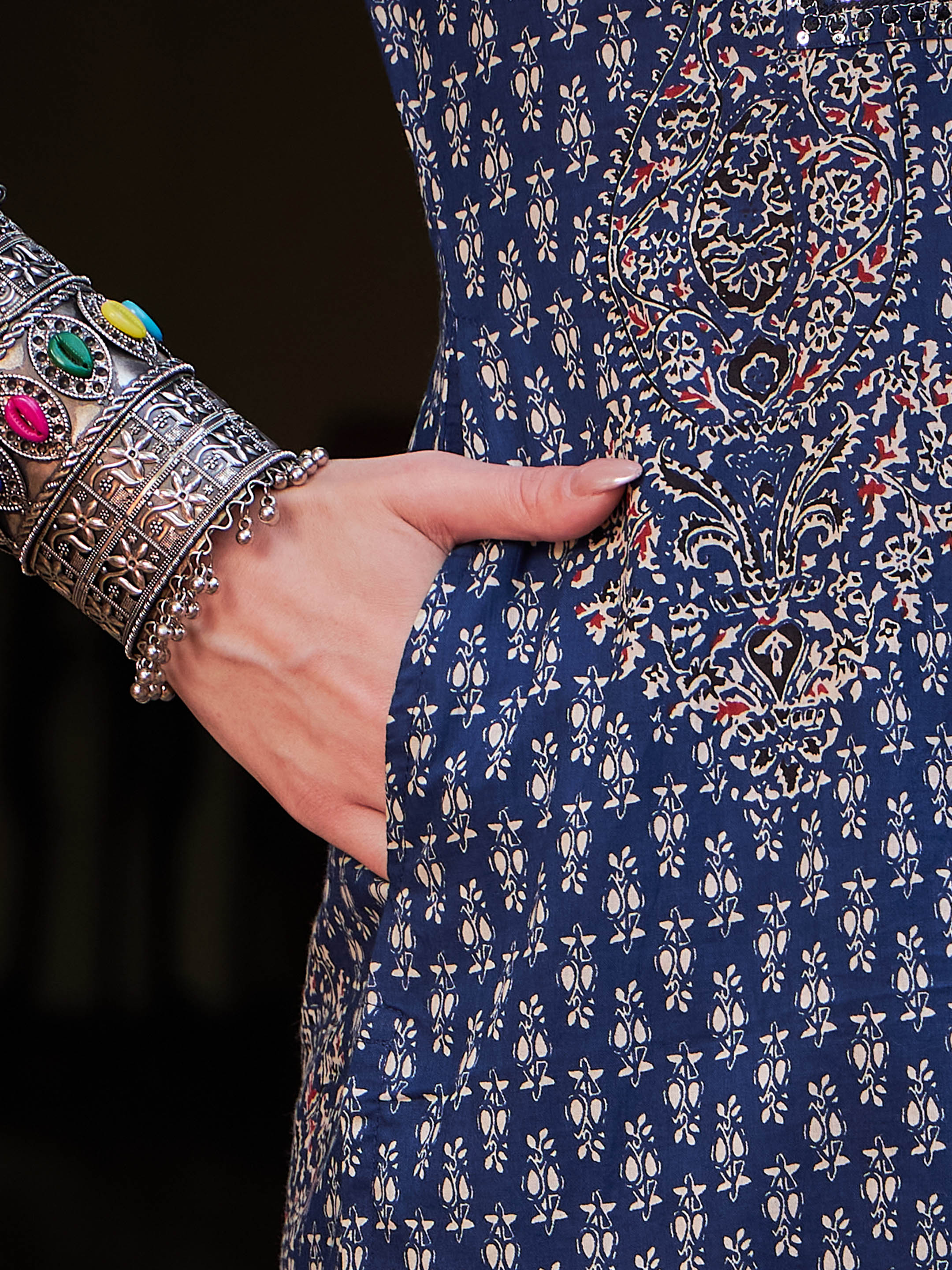 Women Navy Floral Front Yoke Kurta With Pencil Pants & Dupatta-SHSET96324