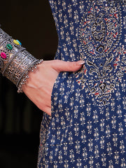 Women Navy Floral Front Yoke Kurta With Pencil Pants & Dupatta-SHSET96324