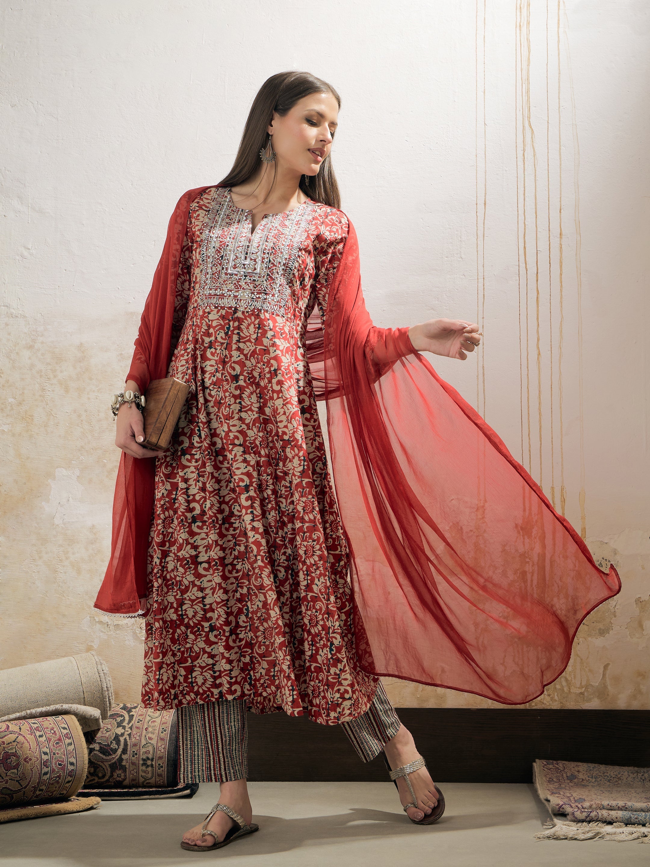 Women Maroon Floral Anarkali Kurta With Pencil Pants & Dupatta-SHSET96325