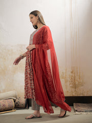 Women Maroon Floral Anarkali Kurta With Pencil Pants & Dupatta-SHSET96325