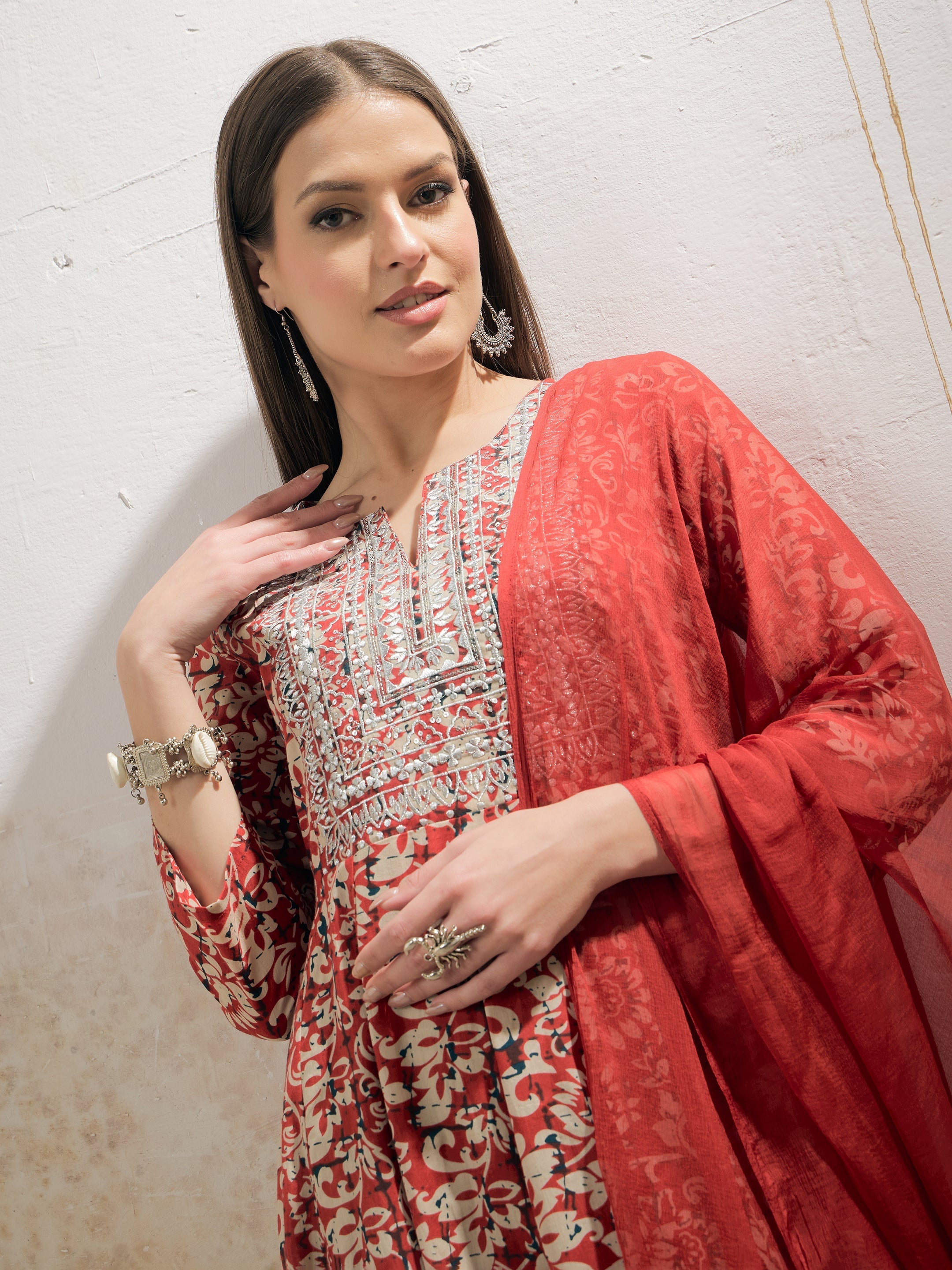 Women Maroon Floral Anarkali Kurta With Pencil Pants & Dupatta-SHSET96325