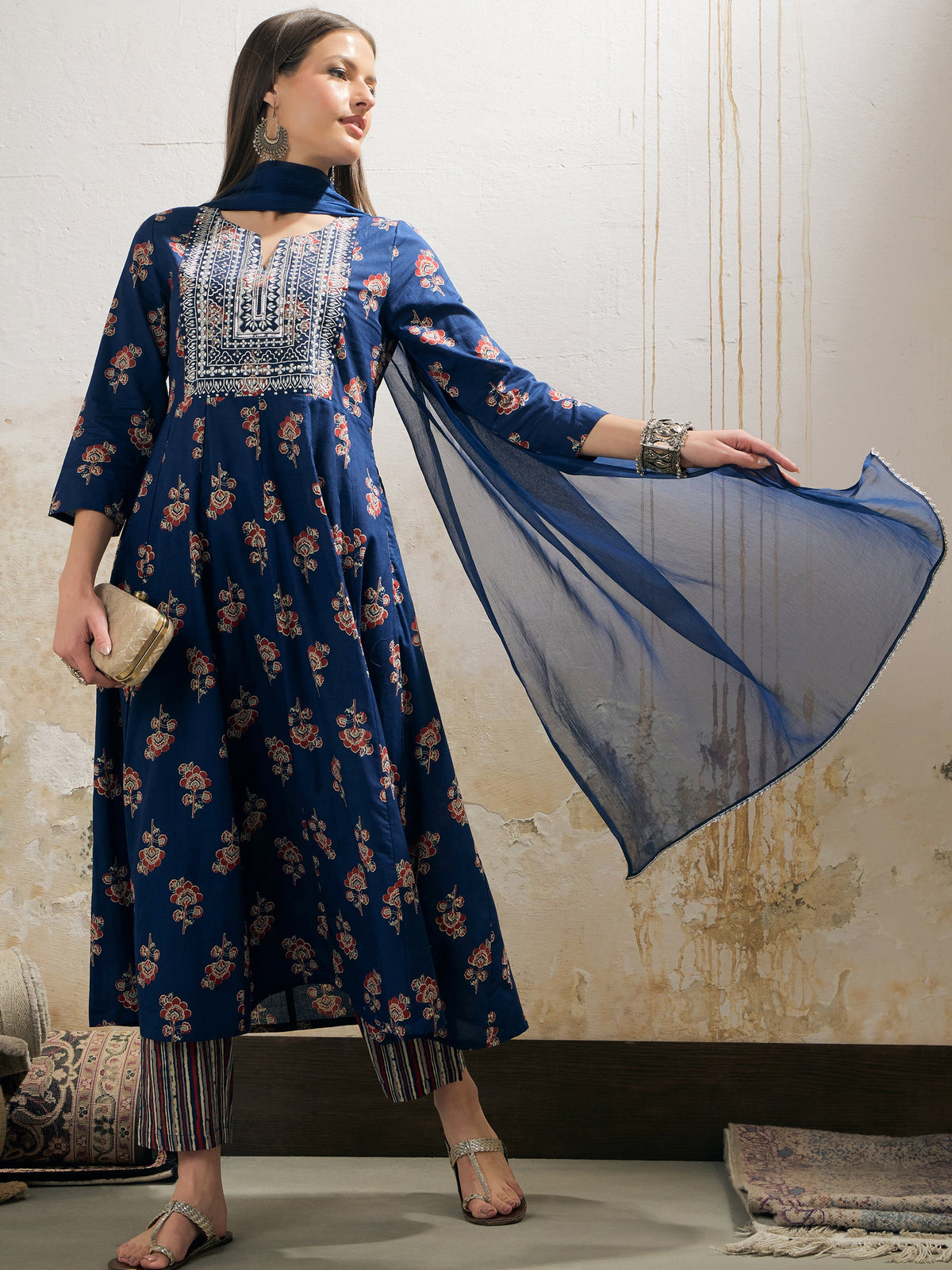 Women Navy Floral Anarkali Kurta With Pants & Dupatta-SHSET96326