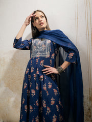 Women Navy Floral Anarkali Kurta With Pants & Dupatta-SHSET96326