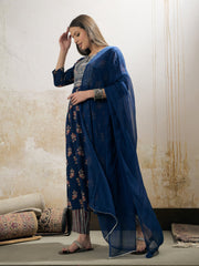 Women Navy Floral Anarkali Kurta With Pants & Dupatta-SHSET96326