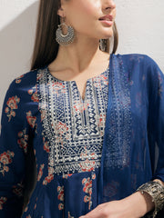Women Navy Floral Anarkali Kurta With Pants & Dupatta-SHSET96326