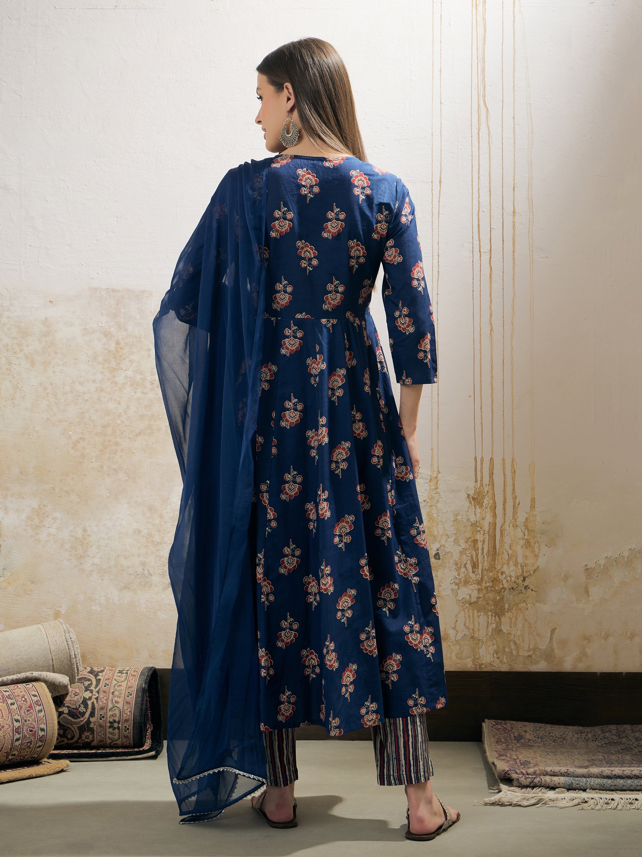 Women Navy Floral Anarkali Kurta With Pants & Dupatta-SHSET96326