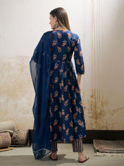 Women Navy Floral Anarkali Kurta With Pants & Dupatta-SHSET96326