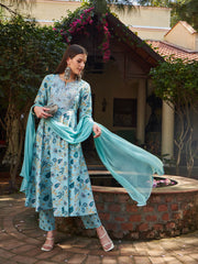 Women Blue Floral Anarkali Kurta With Pencil Pants & Dupatta-SHSET96327
