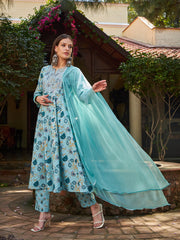 Women Blue Floral Anarkali Kurta With Pencil Pants & Dupatta-SHSET96327