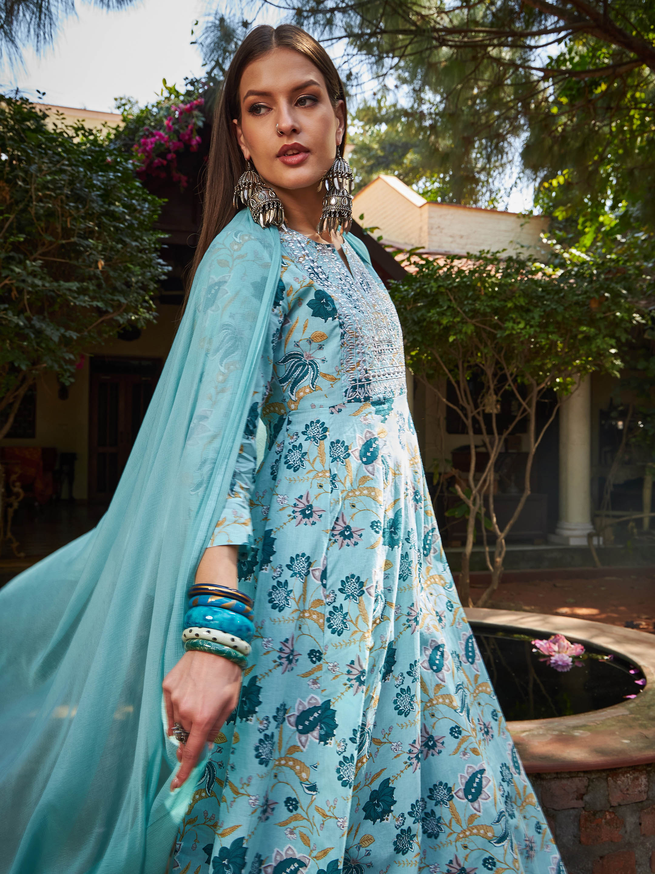 Women Blue Floral Anarkali Kurta With Pencil Pants & Dupatta-SHSET96327