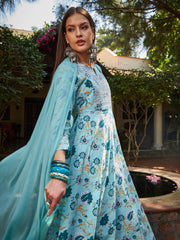 Women Blue Floral Anarkali Kurta With Pencil Pants & Dupatta-SHSET96327