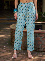 Women Blue Floral Anarkali Kurta With Pencil Pants & Dupatta-SHSET96327