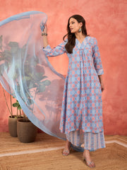 Women Blue Geometric Print V Neck Kurta With Pencil Pants & Dupatta-SHSET96328