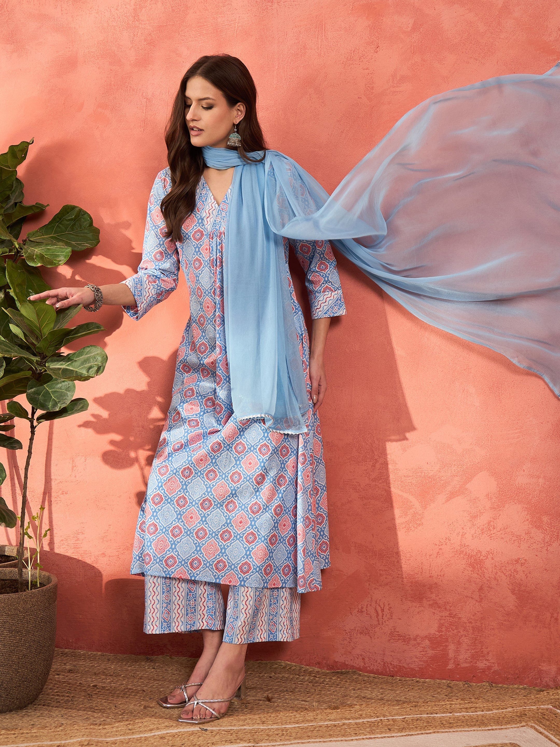 Women Blue Geometric Print V Neck Kurta With Pencil Pants & Dupatta-SHSET96328