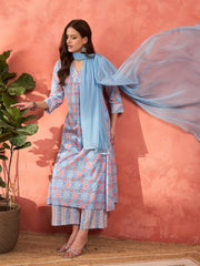 Women Blue Geometric Print V Neck Kurta With Pencil Pants & Dupatta-SHSET96328