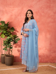 Women Blue Geometric Print V Neck Kurta With Pencil Pants & Dupatta-SHSET96328
