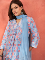 Women Blue Geometric Print V Neck Kurta With Pencil Pants & Dupatta-SHSET96328