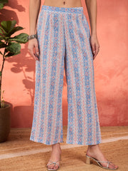 Women Blue Geometric Print V Neck Kurta With Pencil Pants & Dupatta-SHSET96328