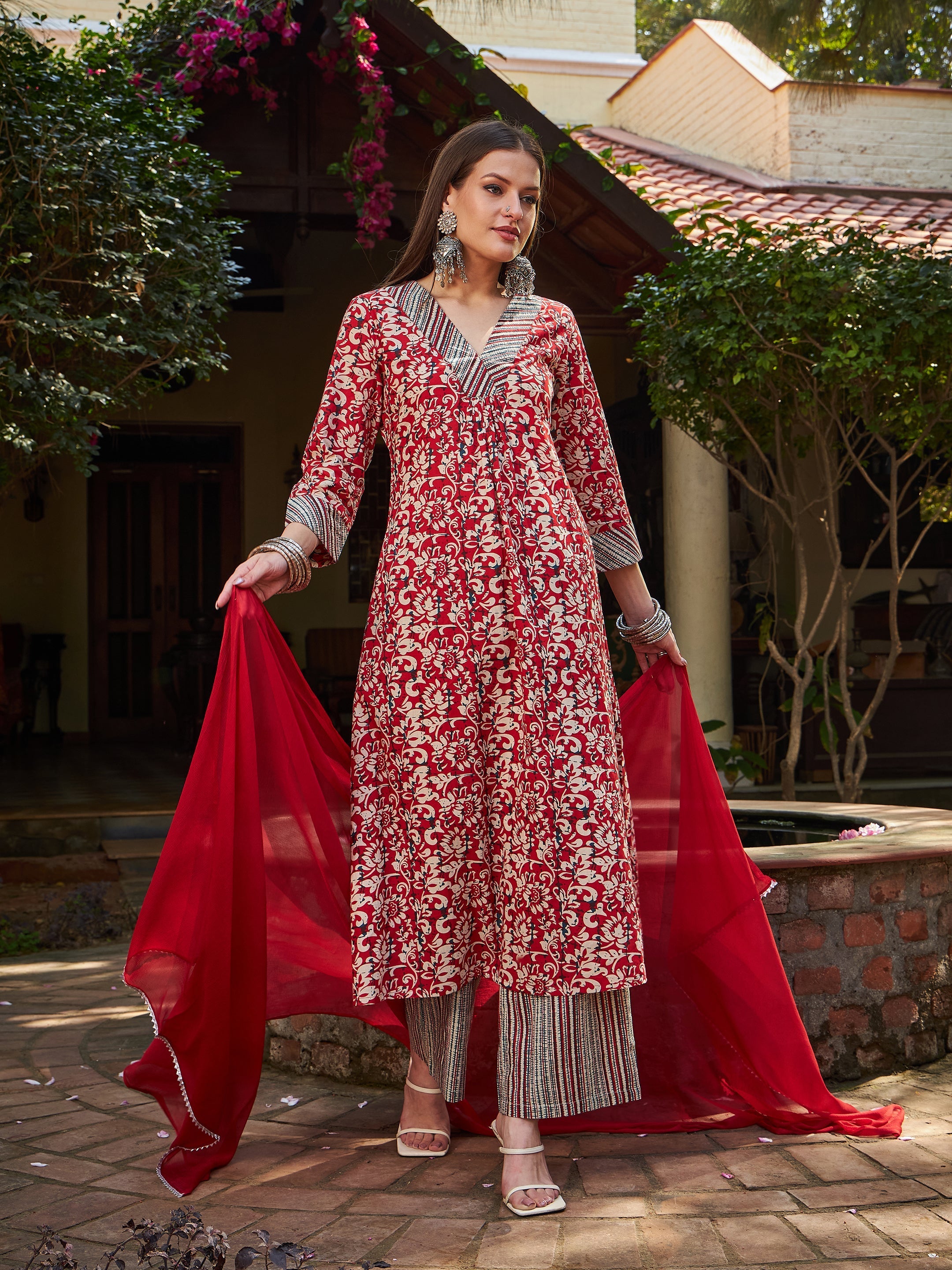 Women Maroon Geometric Print V Neck Kurta With Pencil Pants & Dupatta-SHSET96330
