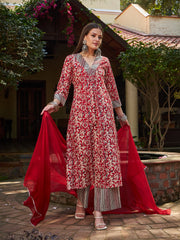 Women Maroon Geometric Print V Neck Kurta With Pencil Pants & Dupatta-SHSET96330