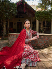 Women Maroon Geometric Print V Neck Kurta With Pencil Pants & Dupatta-SHSET96330