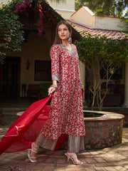 Women Maroon Geometric Print V Neck Kurta With Pencil Pants & Dupatta-SHSET96330