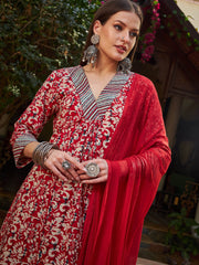 Women Maroon Geometric Print V Neck Kurta With Pencil Pants & Dupatta-SHSET96330
