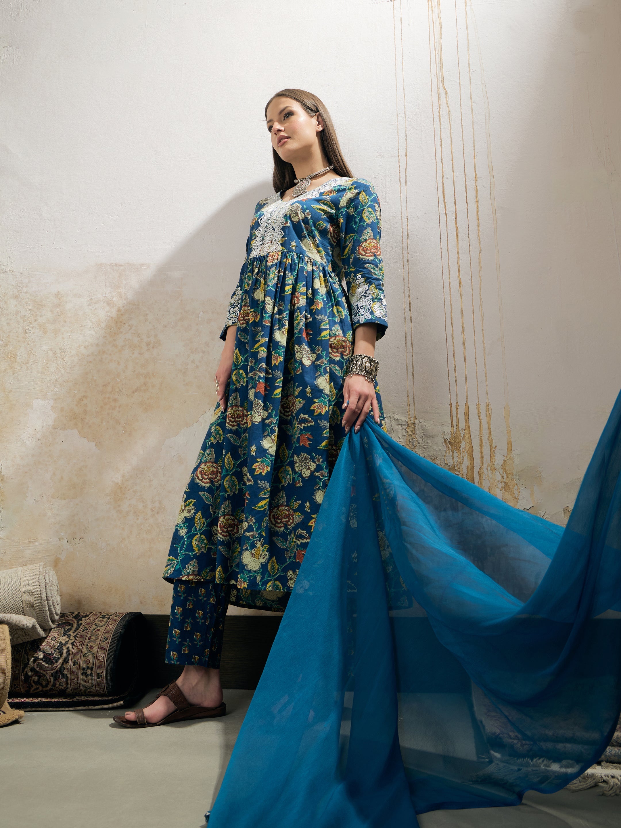 Women Navy Floral Gathered Kurta With Pencil Pants & Dupatta-SHSET96331