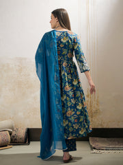 Women Navy Floral Gathered Kurta With Pencil Pants & Dupatta-SHSET96331