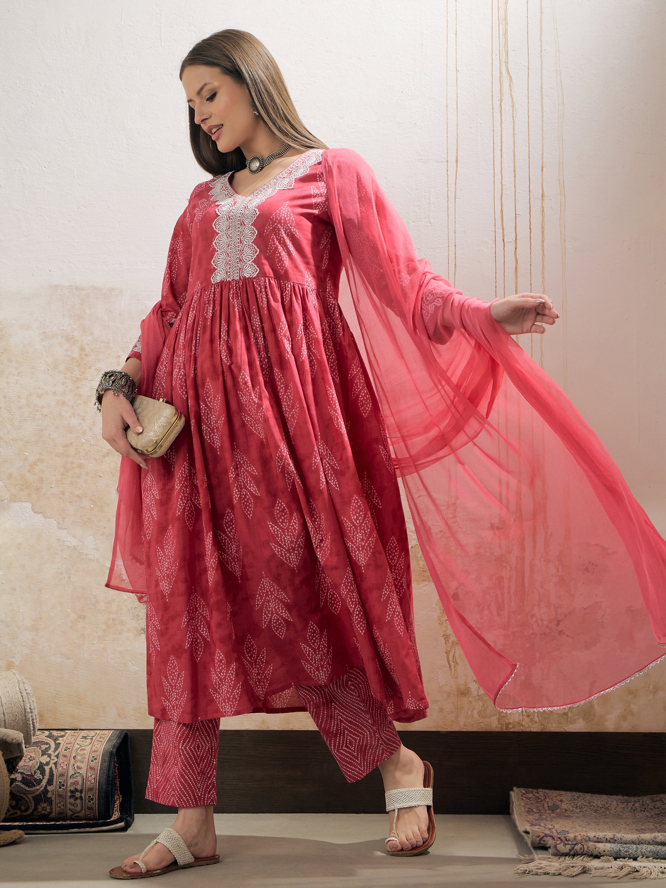 Women Pink Floral Gathered Kurta With Pencil Pants & Dupatta-SHSET96332