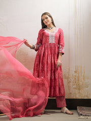 Women Pink Floral Gathered Kurta With Pencil Pants & Dupatta-SHSET96332