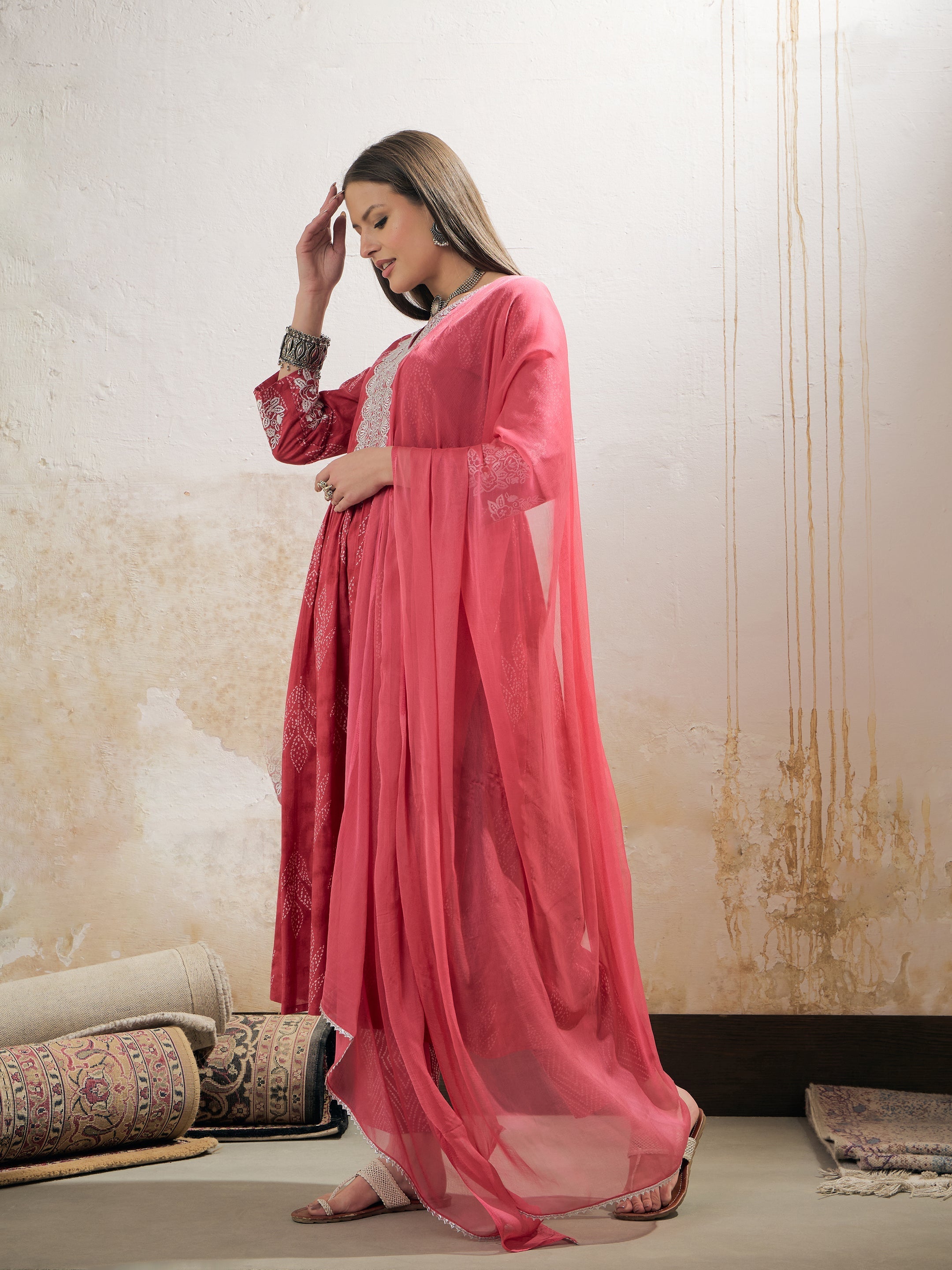 Women Pink Floral Gathered Kurta With Pencil Pants & Dupatta-SHSET96332