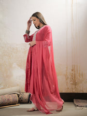 Women Pink Floral Gathered Kurta With Pencil Pants & Dupatta-SHSET96332
