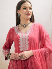 Women Pink Floral Gathered Kurta With Pencil Pants & Dupatta-SHSET96332